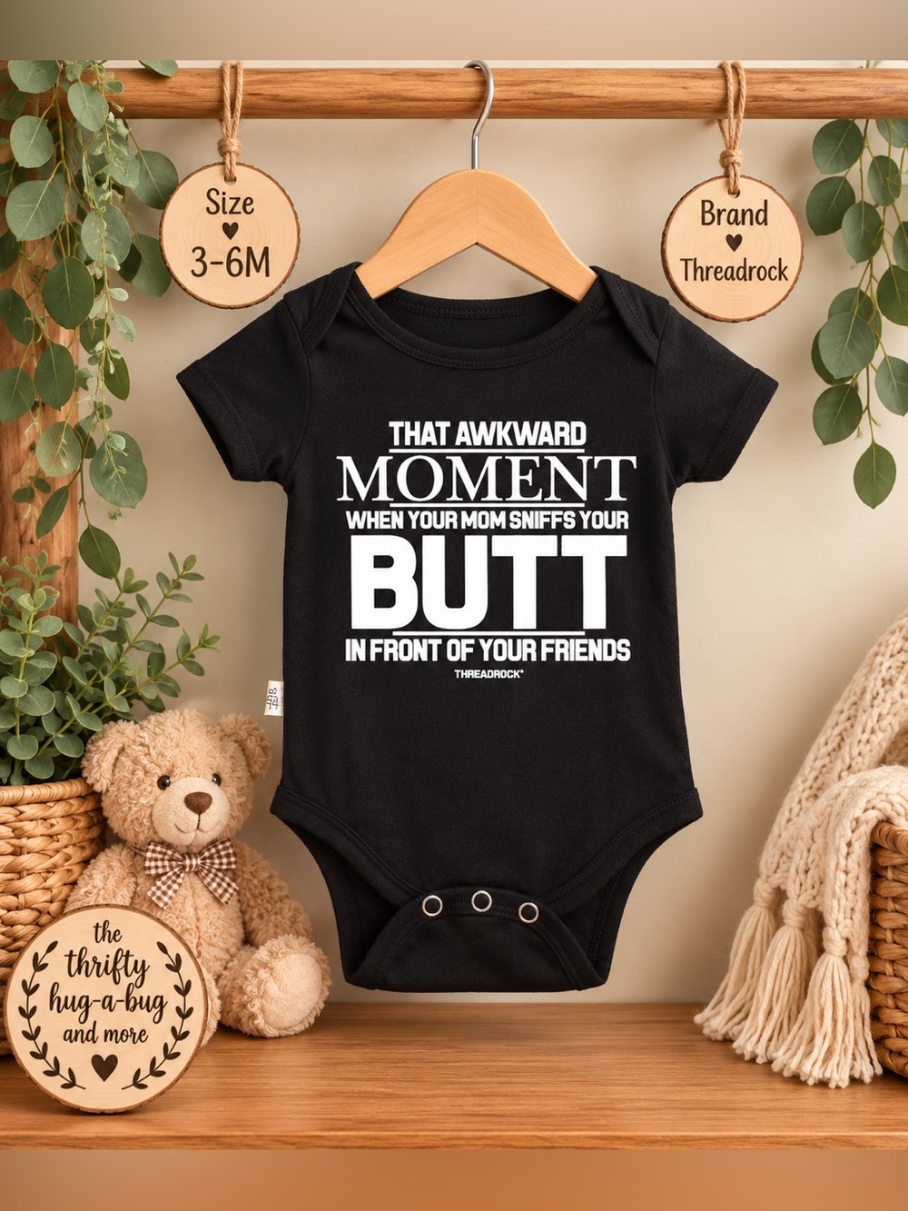 Threadrock Funny Baby Bodysuit 3–6M Black “Awkward Moment” Onesie